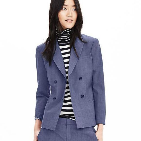 Banana Republic Lightweight Chambray Wool Blazer, Double Breasted, Blue, Size 6 - Picture 1 of 13